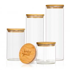 Rundes Glas mit Bambusdeckel Vorratsglas | 4er-Set | luftdicht |  mit Silikonring | umweltfreundlich | lebensmittelecht |  Inhalt: 600 ml, 1000 ml 1500 ml und 1800 ml | Ø 9,5 cm