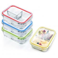 Lunchboxen mit Unterteilung Brotboxen Vesperboxen | Glas | 4er-Set  | Inhalt: je 1040 ml | mit  bunten Deckeln | je 3 Fächer | luftdichter Verschluss | spülmaschinenfest | auslaufsicher