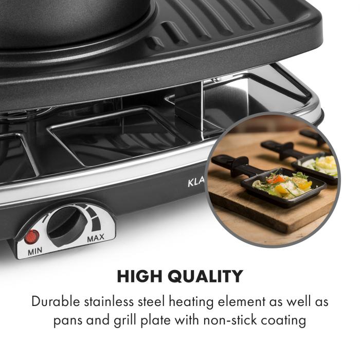 Grill Raclette, Entrecote, 1100 W, 8 osób, fondue Wooden Pan Tablets not  included