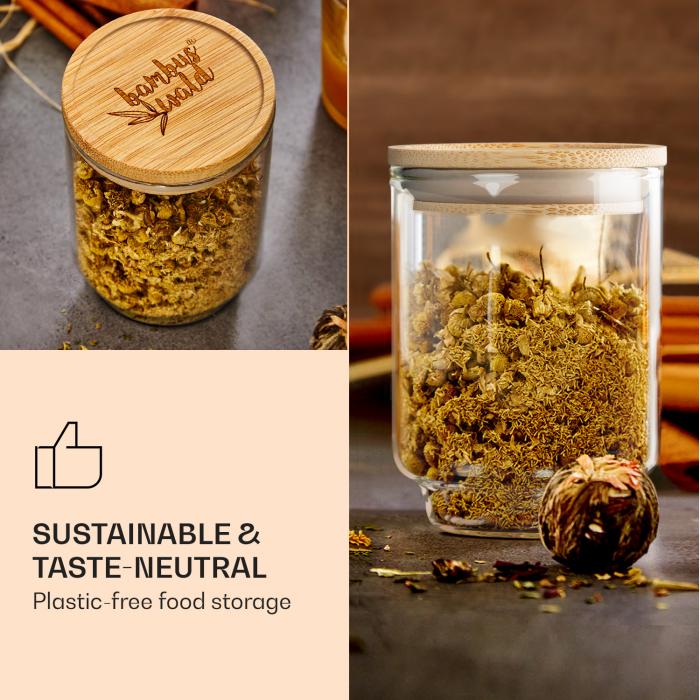 Round glass jars spice jars storage jars, bamboo lid, 10 pieces, 150 ml, airtight, stackable, taste-neutral, aroma-tight