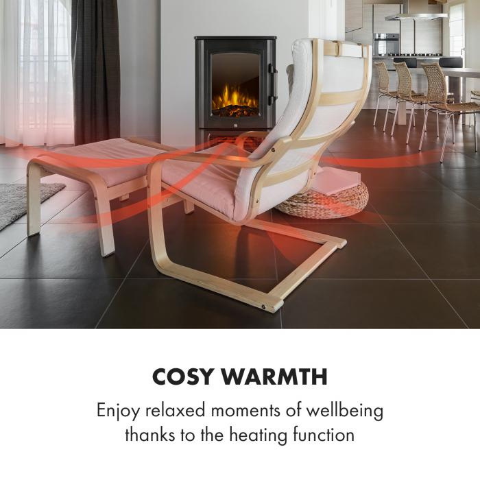 Bormio Panorama Electric Fireplace | 1000/2000W | 3-piece panoramic viewing  window | thermostat | switchable heating | integrated overheating  protection | storage space for logs Black